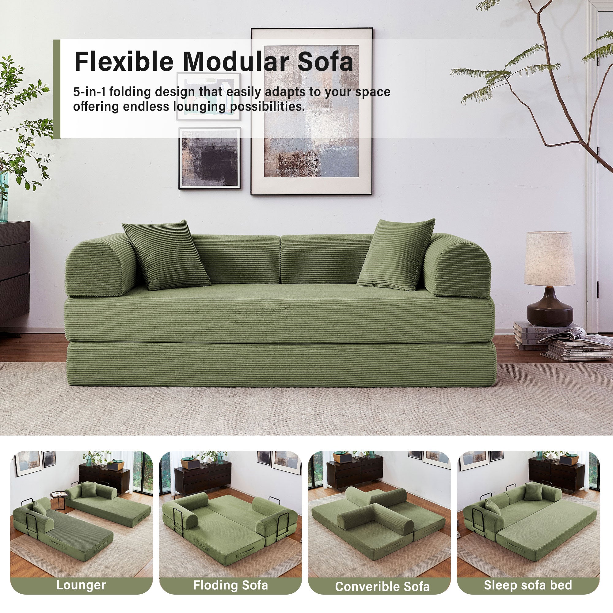 5-in-1 Folding Convertible Sofa Bed, 79" Corduroy Floor Couch Futon, Pull-Out Sleeper Loveseat, Modular Boneless Sofa for Living Room & Bedroom, Green