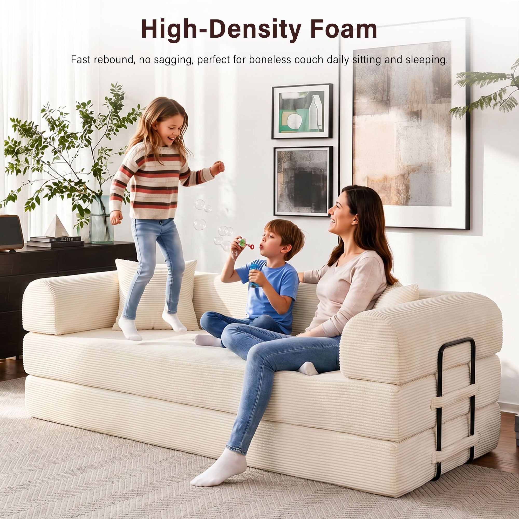5-in-1 Folding Convertible Sofa Bed, 79" Corduroy Floor Couch Futon, Pull-Out Sleeper Loveseat, Modular Boneless Sofa for Living Room & Bedroom, White