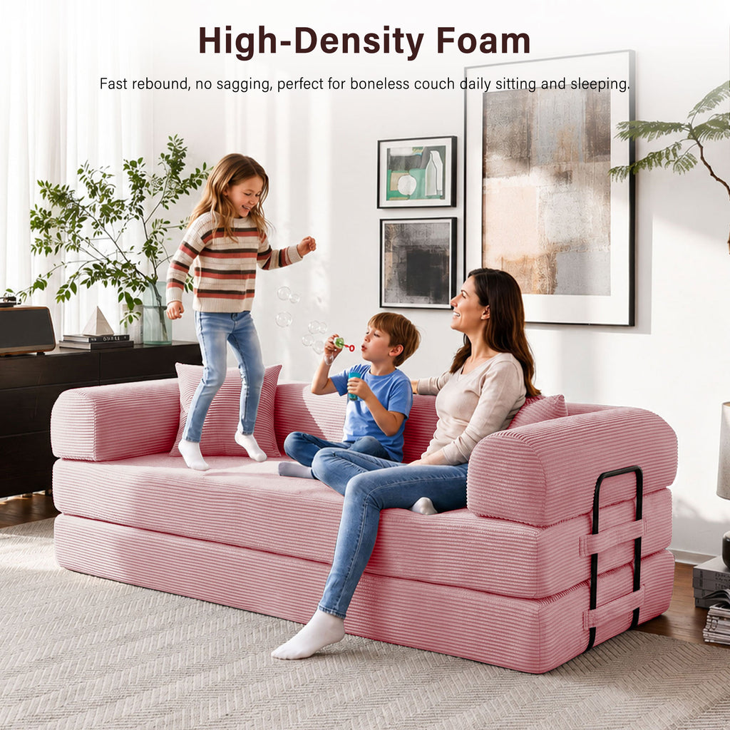 5-in-1 Folding Convertible Sofa Bed, 79" Corduroy Floor Couch Futon, Pull-Out Sleeper Loveseat, Modular Boneless Sofa for Living Room & Bedroom, Pink