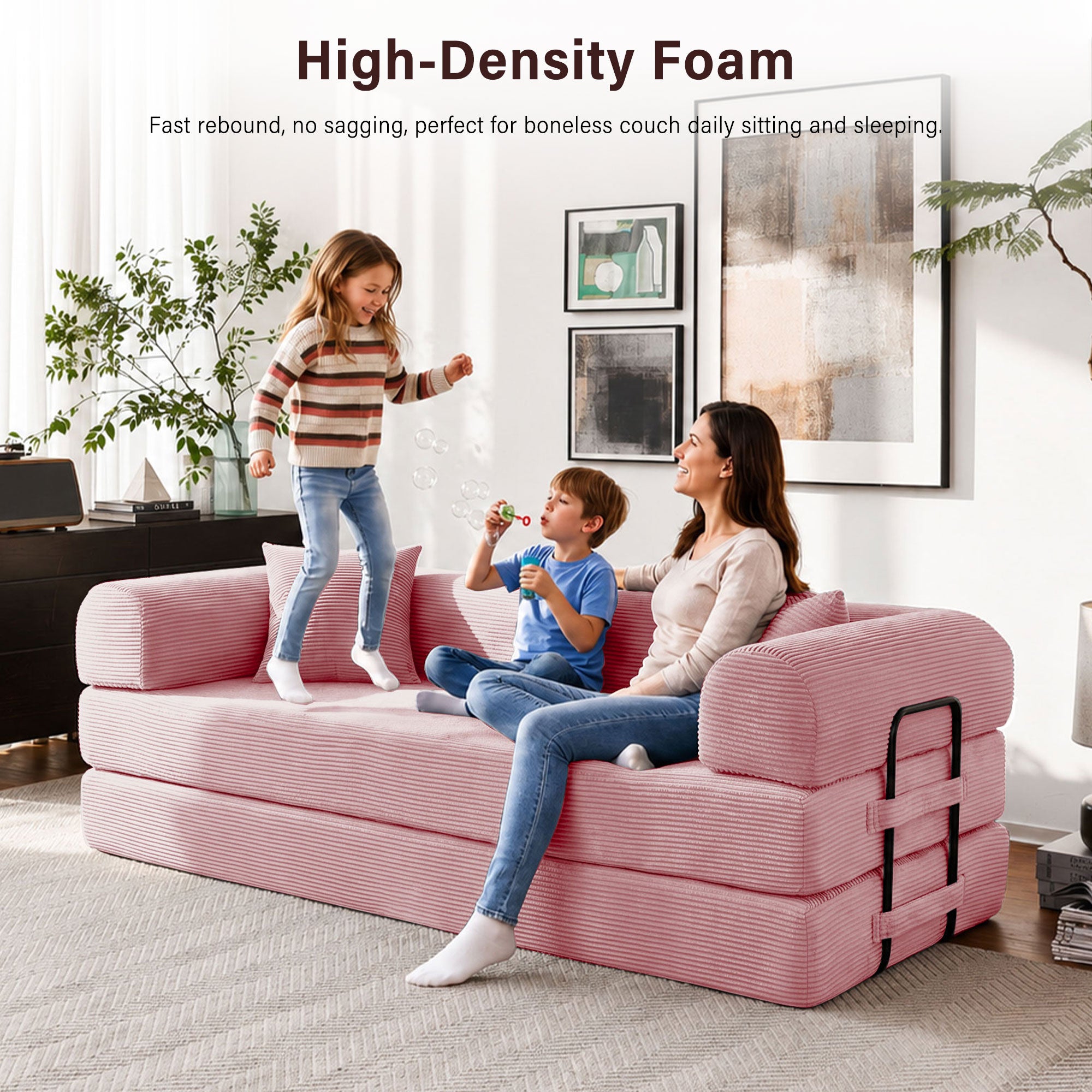 5-in-1 Folding Convertible Sofa Bed, 79" Corduroy Floor Couch Futon, Pull-Out Sleeper Loveseat, Modular Boneless Sofa for Living Room & Bedroom, Pink