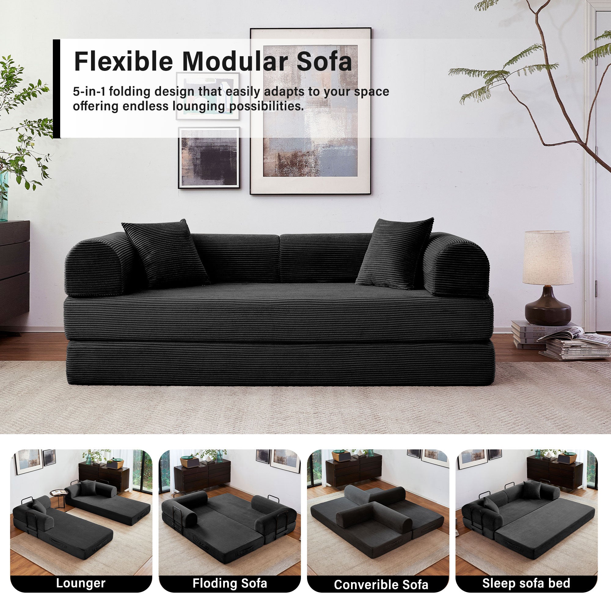 5-in-1 Folding Convertible Sofa Bed, 79" Corduroy Floor Couch Futon, Pull-Out Sleeper Loveseat, Modular Boneless Sofa for Living Room & Bedroom, Black