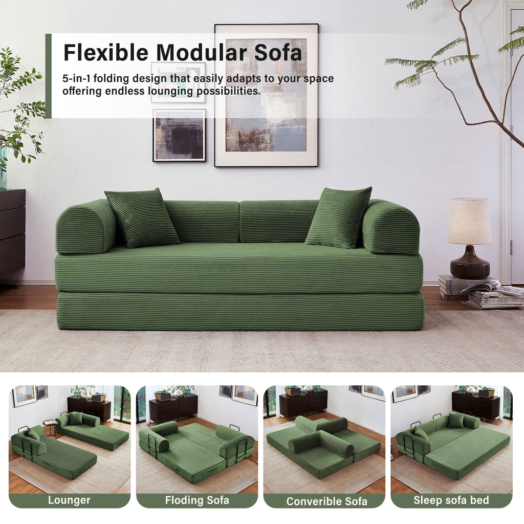 5-in-1 Folding Convertible Sofa Bed, 79" Corduroy Floor Couch Futon, Pull-Out Sleeper Loveseat, Modular Boneless Sofa for Living Room & Bedroom, Dark Green