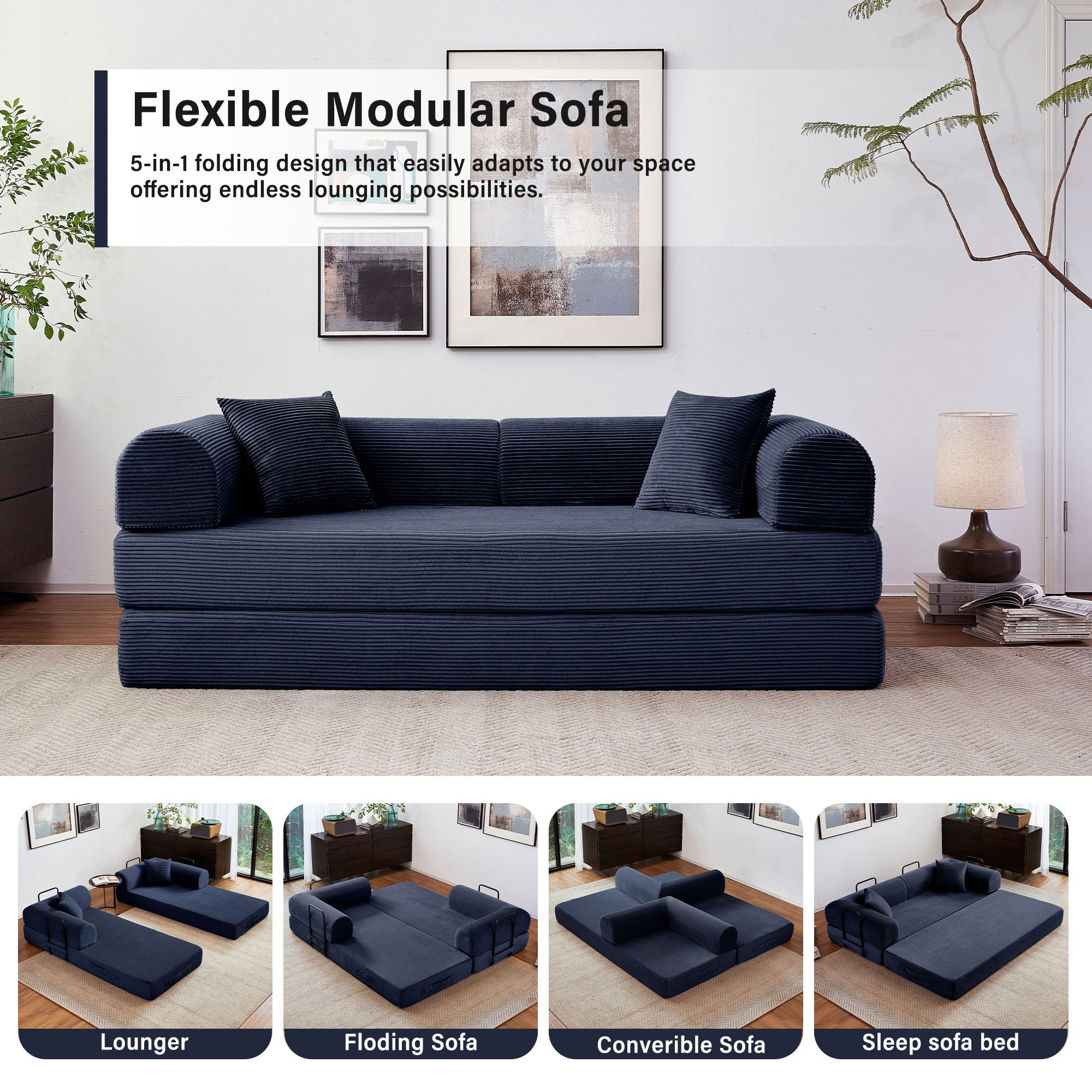 5-in-1 Folding Convertible Sofa Bed, 79" Corduroy Floor Couch Futon, Pull-Out Sleeper Loveseat, Modular Boneless Sofa for Living Room & Bedroom, Dark Blue