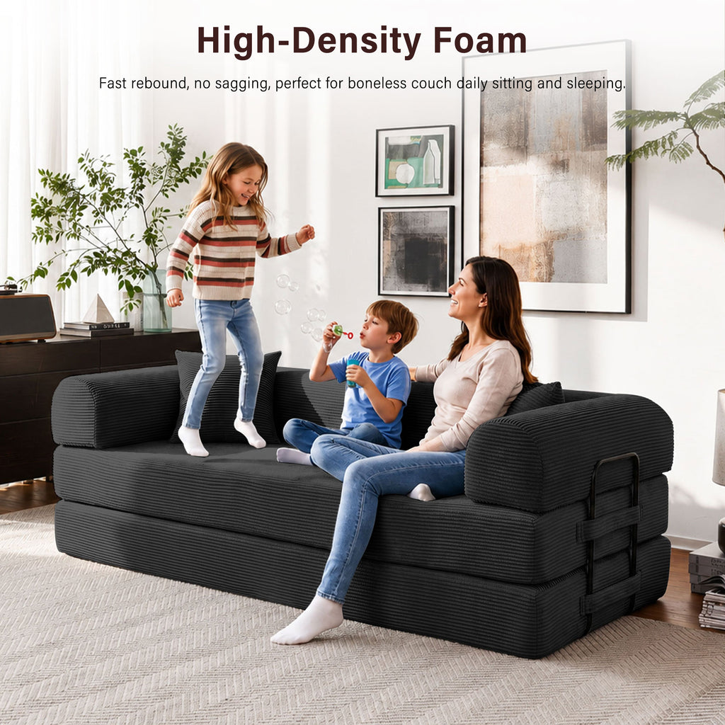 5-in-1 Folding Convertible Sofa Bed, 79" Corduroy Floor Couch Futon, Pull-Out Sleeper Loveseat, Modular Boneless Sofa for Living Room & Bedroom, Black