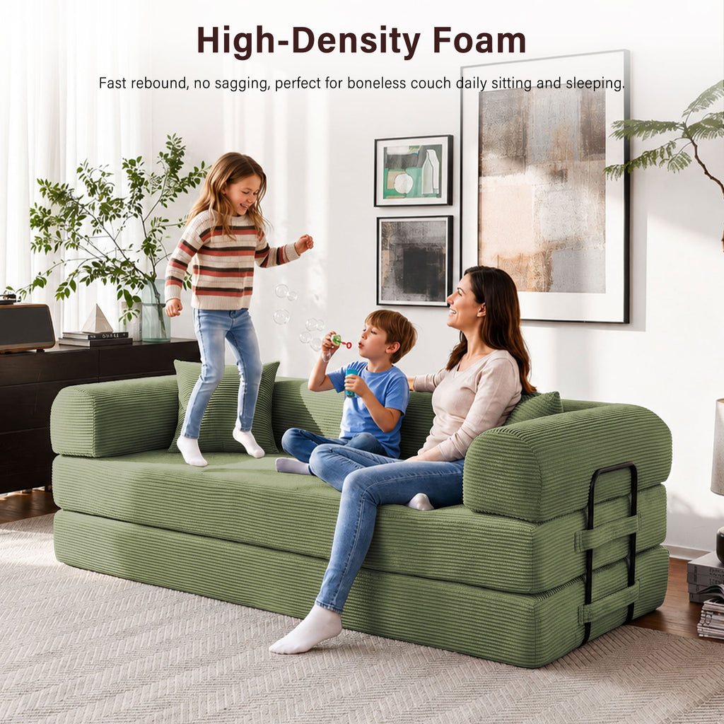 5-in-1 Folding Convertible Sofa Bed, 79" Corduroy Floor Couch Futon, Pull-Out Sleeper Loveseat, Modular Boneless Sofa for Living Room & Bedroom, Green