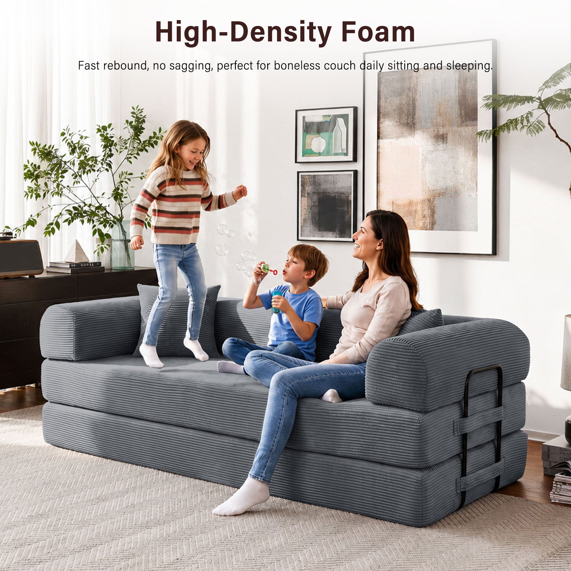 5-in-1 Folding Convertible Sofa Bed, 79" Corduroy Floor Couch Futon, Pull-Out Sleeper Loveseat, Modular Boneless Sofa for Living Room & Bedroom, Grey