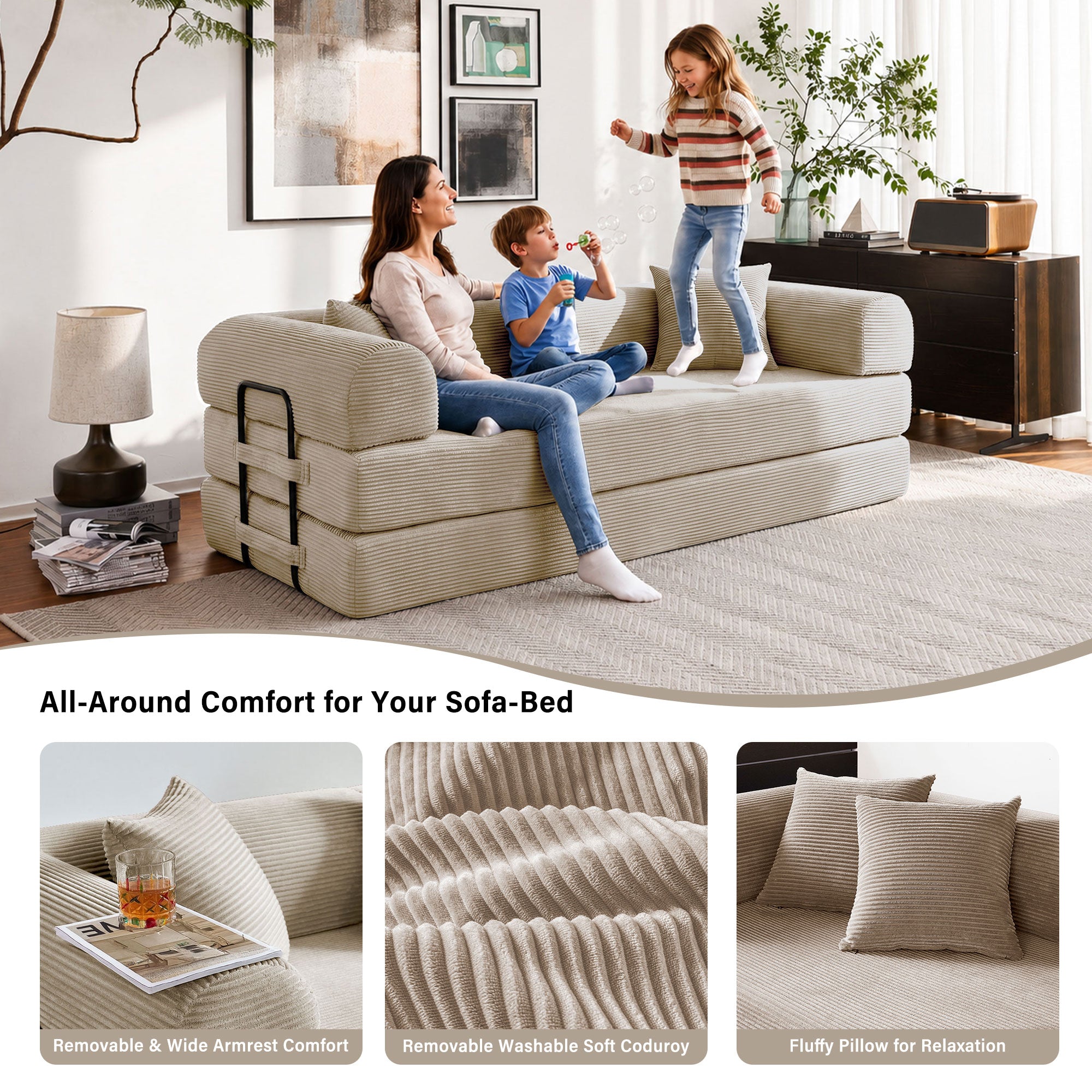 5-in-1 Folding Convertible Sofa Bed, 79" Corduroy Floor Couch Futon, Pull-Out Sleeper Loveseat, Modular Boneless Sofa for Living Room & Bedroom, Beige