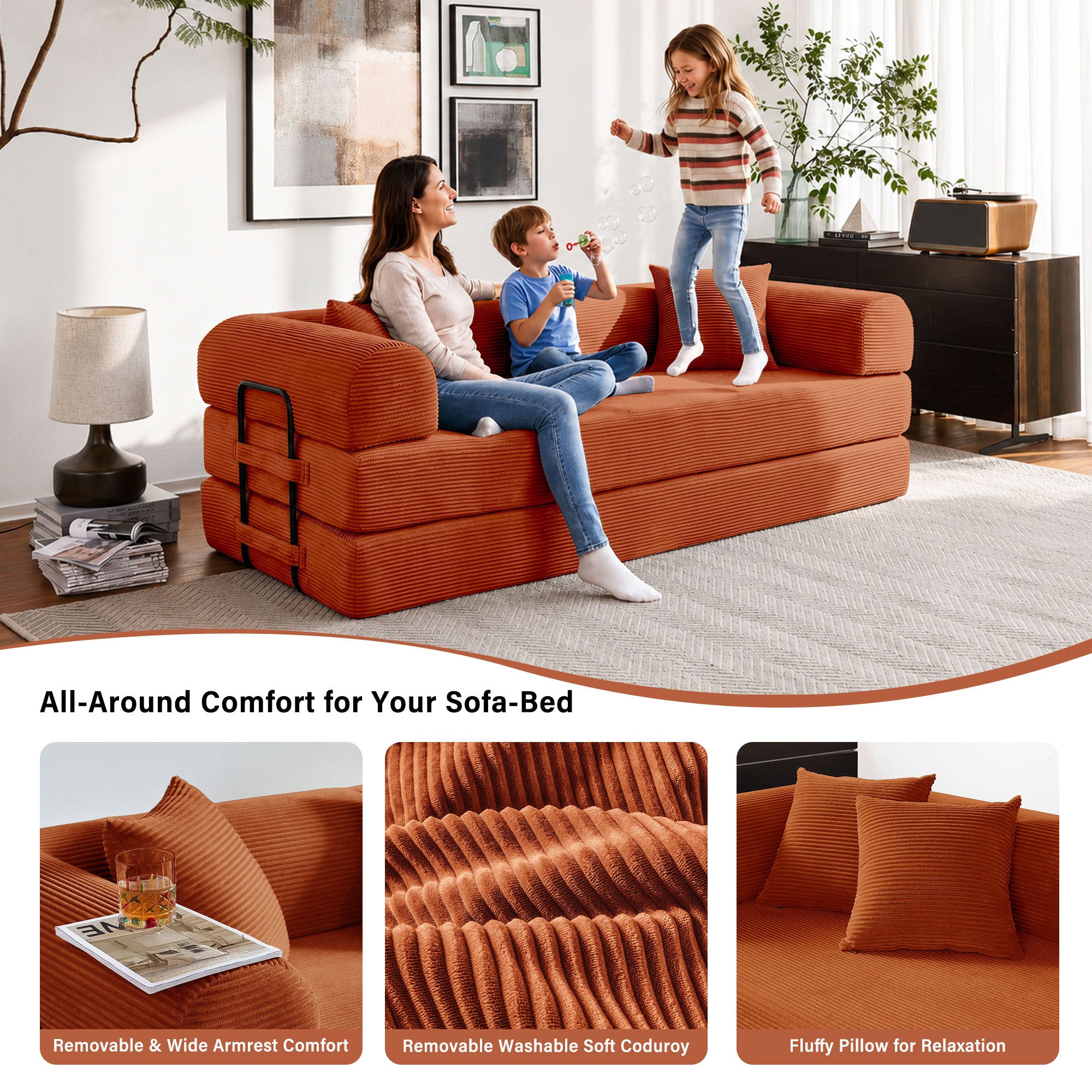 5-in-1 Folding Convertible Sofa Bed, 79" Corduroy Floor Couch Futon, Pull-Out Sleeper Loveseat, Modular Boneless Sofa for Living Room & Bedroom, Orange