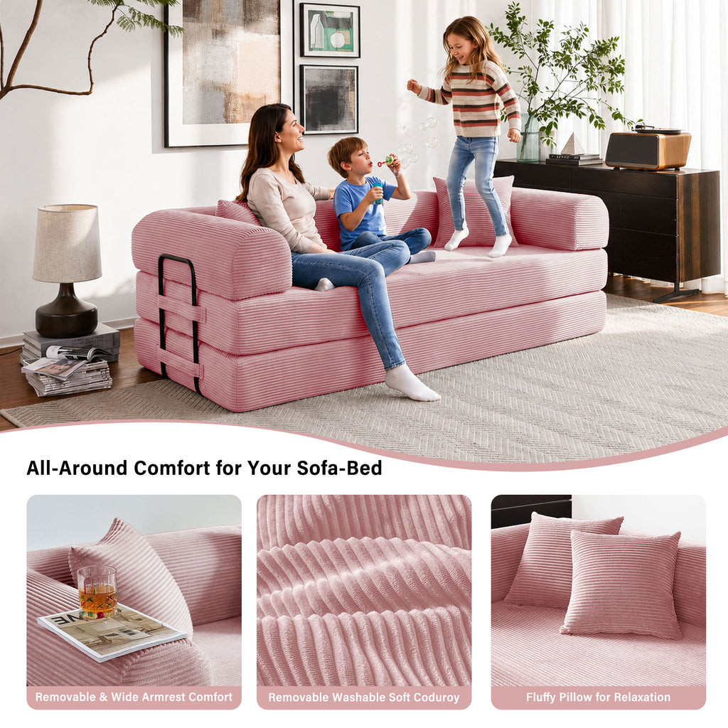5-in-1 Folding Convertible Sofa Bed, 79" Corduroy Floor Couch Futon, Pull-Out Sleeper Loveseat, Modular Boneless Sofa for Living Room & Bedroom, Pink
