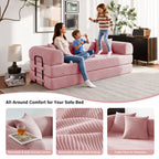 5-in-1 Folding Convertible Sofa Bed, 79" Corduroy Floor Couch Futon, Pull-Out Sleeper Loveseat, Modular Boneless Sofa for Living Room & Bedroom, Pink