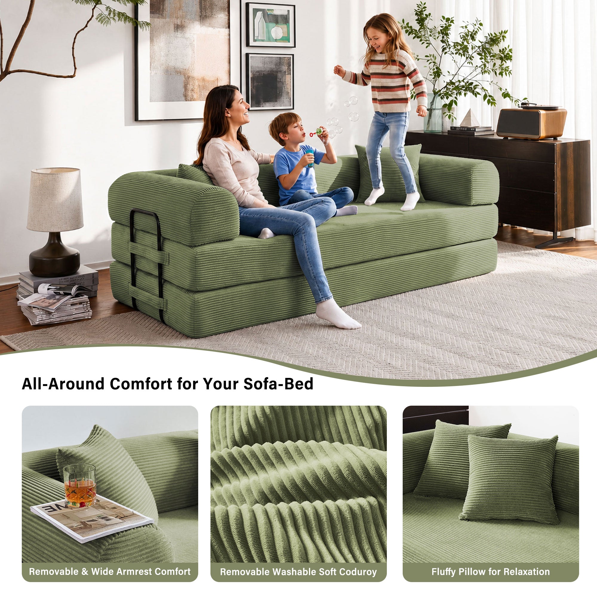 5-in-1 Folding Convertible Sofa Bed, 79" Corduroy Floor Couch Futon, Pull-Out Sleeper Loveseat, Modular Boneless Sofa for Living Room & Bedroom, Green