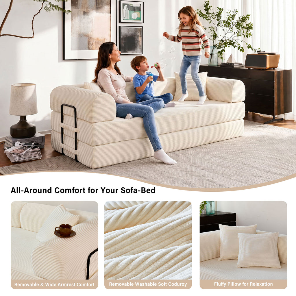 5-in-1 Folding Convertible Sofa Bed, 79" Corduroy Floor Couch Futon, Pull-Out Sleeper Loveseat, Modular Boneless Sofa for Living Room & Bedroom, White