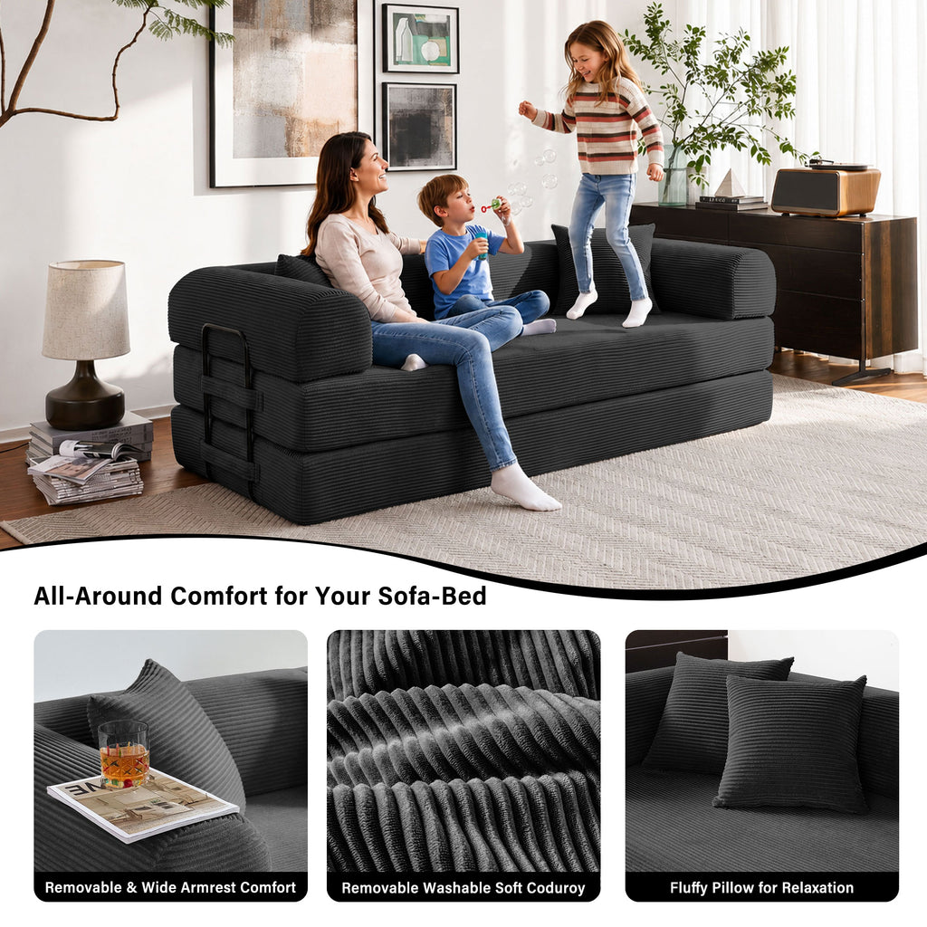 5-in-1 Folding Convertible Sofa Bed, 79" Corduroy Floor Couch Futon, Pull-Out Sleeper Loveseat, Modular Boneless Sofa for Living Room & Bedroom, Black