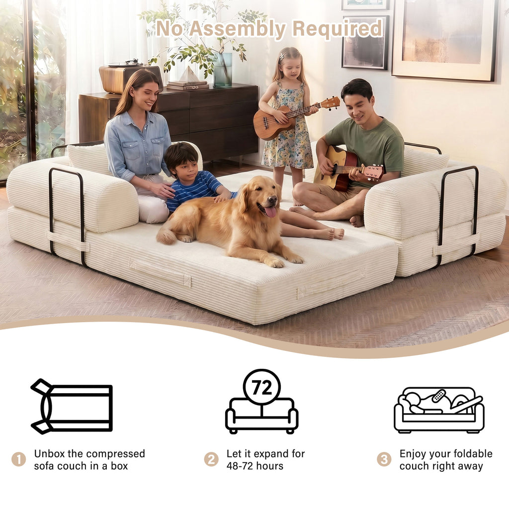 5-in-1 Folding Convertible Sofa Bed, 79" Corduroy Floor Couch Futon, Pull-Out Sleeper Loveseat, Modular Boneless Sofa for Living Room & Bedroom, White