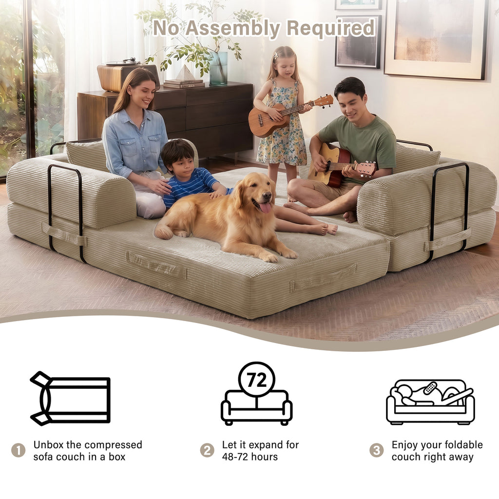 5-in-1 Folding Convertible Sofa Bed, 79" Corduroy Floor Couch Futon, Pull-Out Sleeper Loveseat, Modular Boneless Sofa for Living Room & Bedroom, Beige