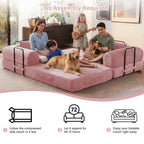 5-in-1 Folding Convertible Sofa Bed, 79" Corduroy Floor Couch Futon, Pull-Out Sleeper Loveseat, Modular Boneless Sofa for Living Room & Bedroom, Pink