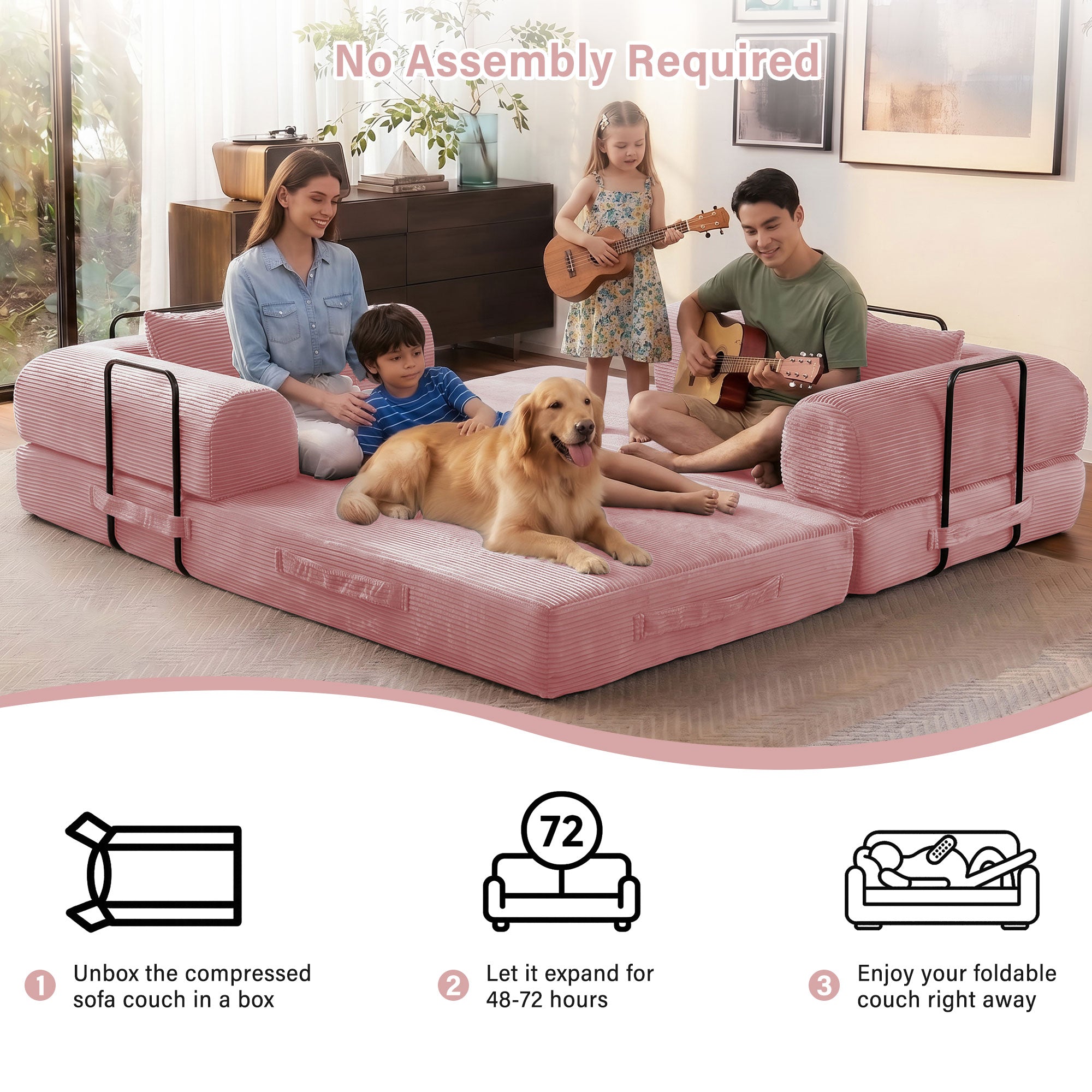 5-in-1 Folding Convertible Sofa Bed, 79" Corduroy Floor Couch Futon, Pull-Out Sleeper Loveseat, Modular Boneless Sofa for Living Room & Bedroom, Pink