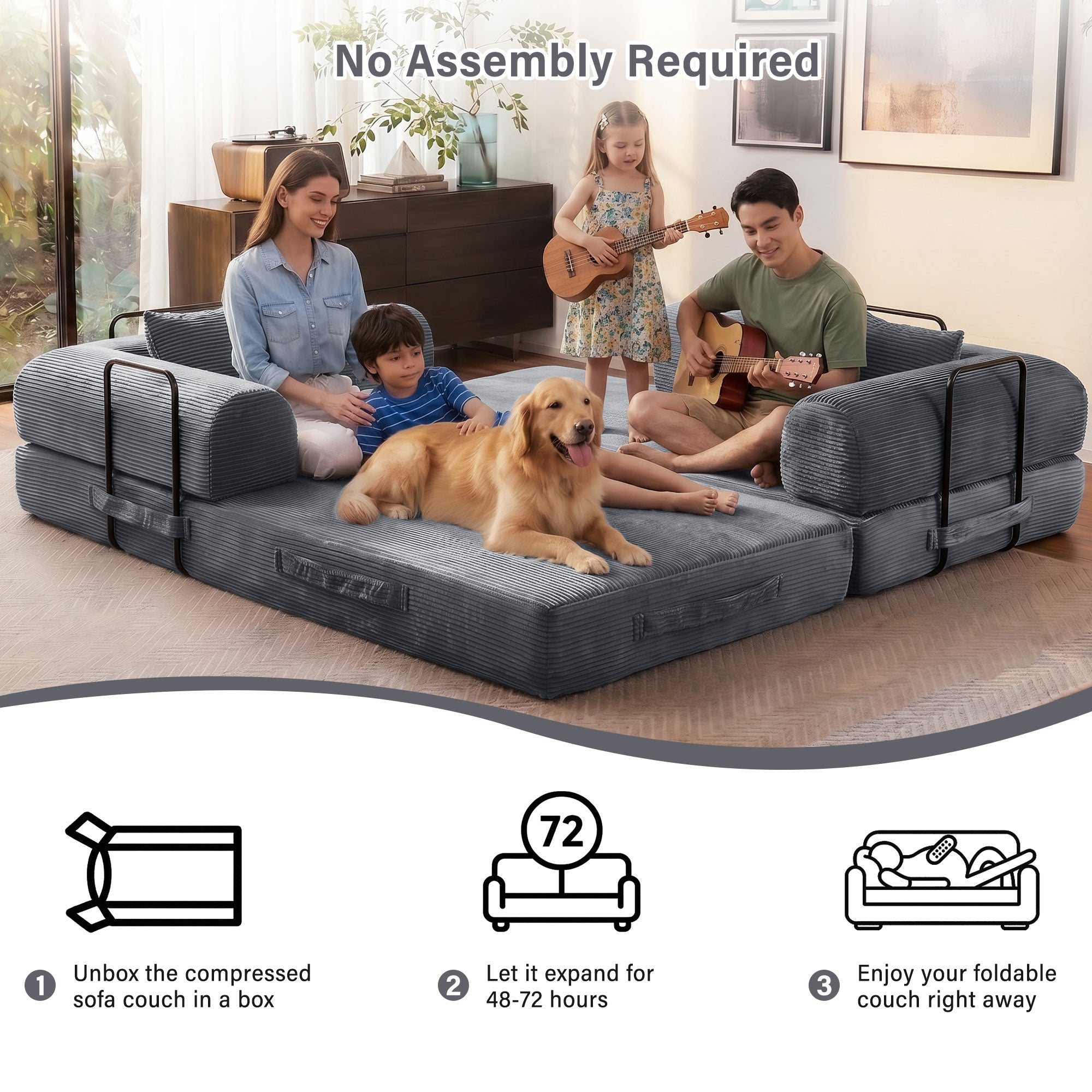 5-in-1 Folding Convertible Sofa Bed, 79" Corduroy Floor Couch Futon, Pull-Out Sleeper Loveseat, Modular Boneless Sofa for Living Room & Bedroom, Grey