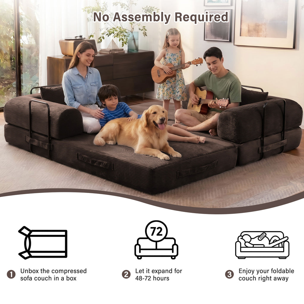 5-in-1 Folding Convertible Sofa Bed, 79" Corduroy Floor Couch Futon, Pull-Out Sleeper Loveseat, Modular Boneless Sofa for Living Room & Bedroom, Brown