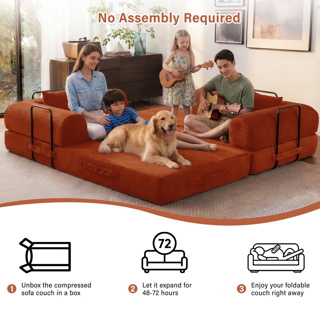 5-in-1 Folding Convertible Sofa Bed, 79" Corduroy Floor Couch Futon, Pull-Out Sleeper Loveseat, Modular Boneless Sofa for Living Room & Bedroom, Orange