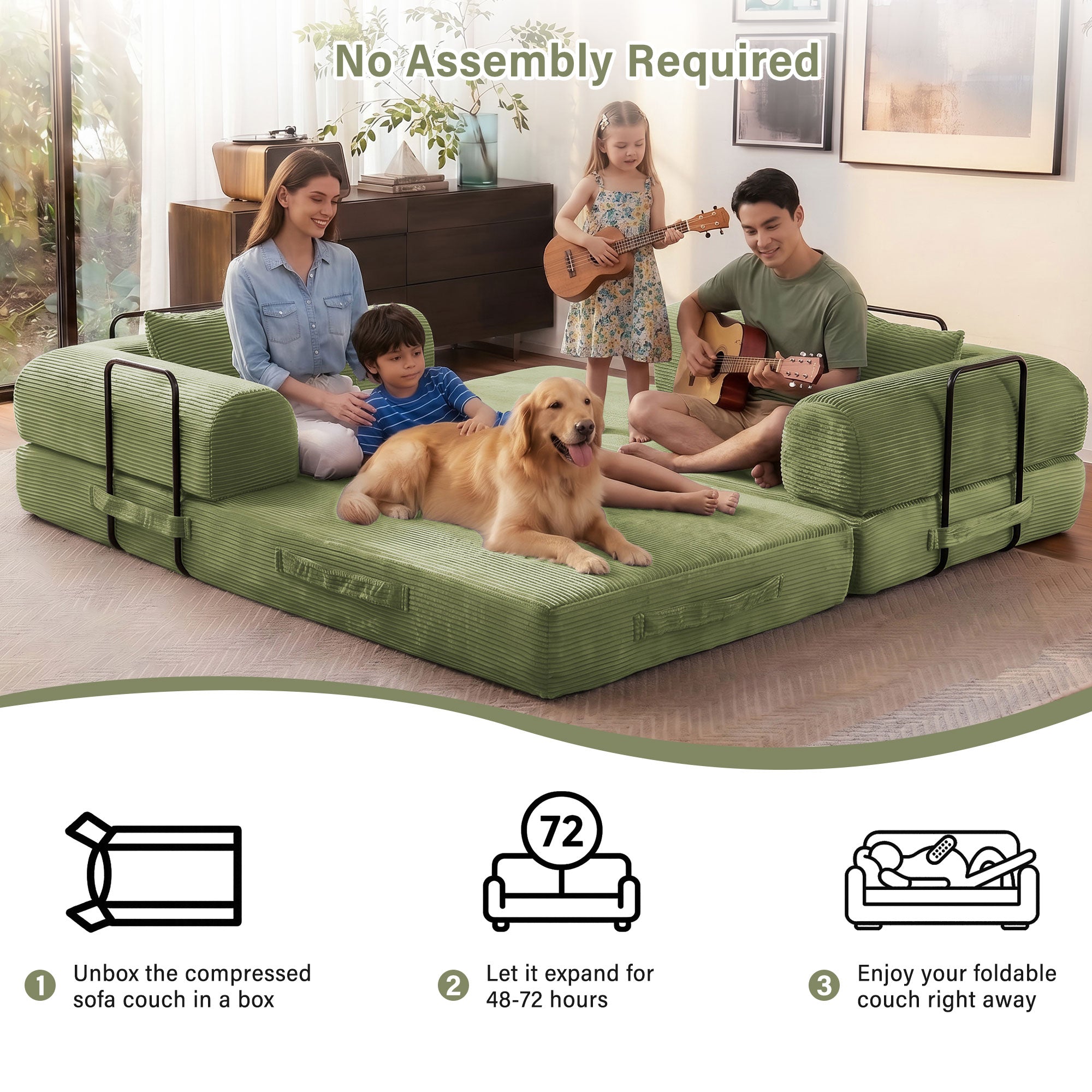 5-in-1 Folding Convertible Sofa Bed, 79" Corduroy Floor Couch Futon, Pull-Out Sleeper Loveseat, Modular Boneless Sofa for Living Room & Bedroom, Green